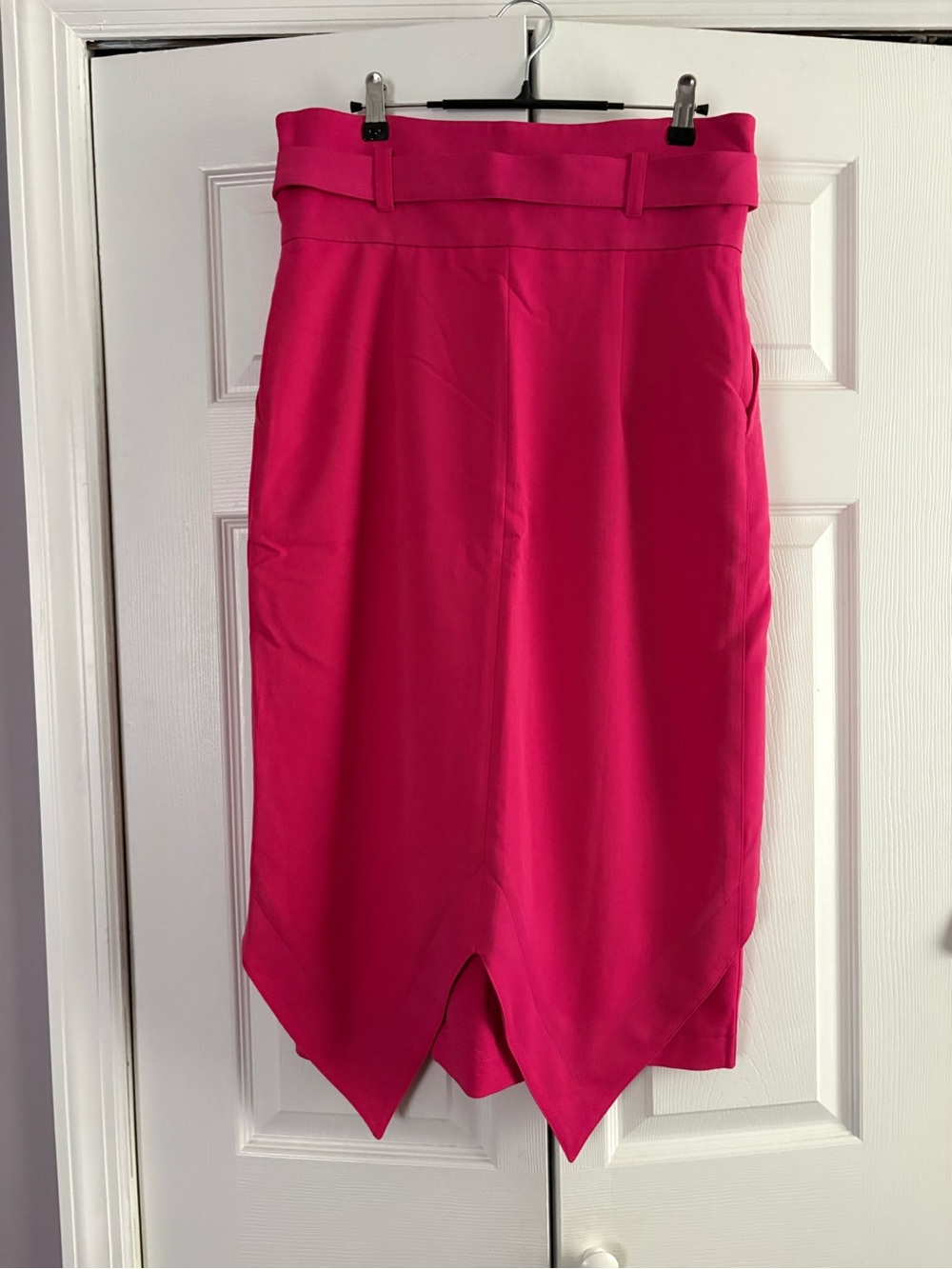 Fuchsia Pencil Skirt with Asymmetric Hem and Belt - Picture 2 of 4